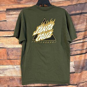 Santa Cruz T-Shirt Men's Green L Flaming Triangle Skateboards Cotton Tee